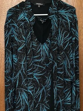 Onyx Nite Black Dress with Teal Leaf Motif and Silver Accents